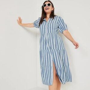 Old Navy Midi Dress 2X Blue Stripe Tiered Puff Button Front Beachy Cotton Blend